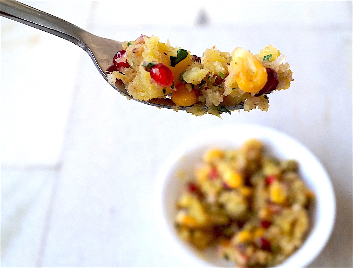 spicy sweet potato chaat on a fork